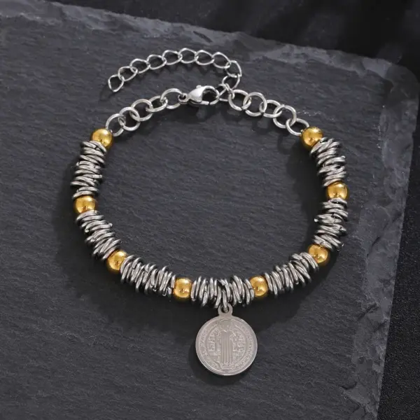 Wholesale St Benedict And Madonna Pendant Stainless Steel Bracelet With Gold Beads Unisex Casual Everyday Wear Cross Heart Religious Jewelry