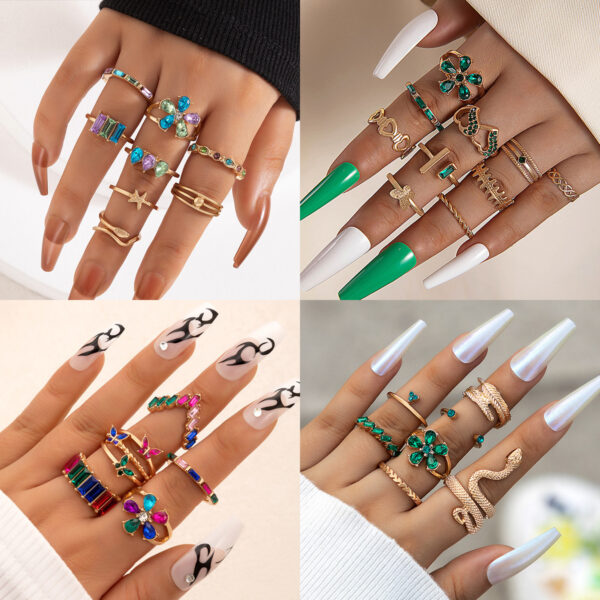 Wholesale Colorful diamond flower ring snake scallop eight-piece set