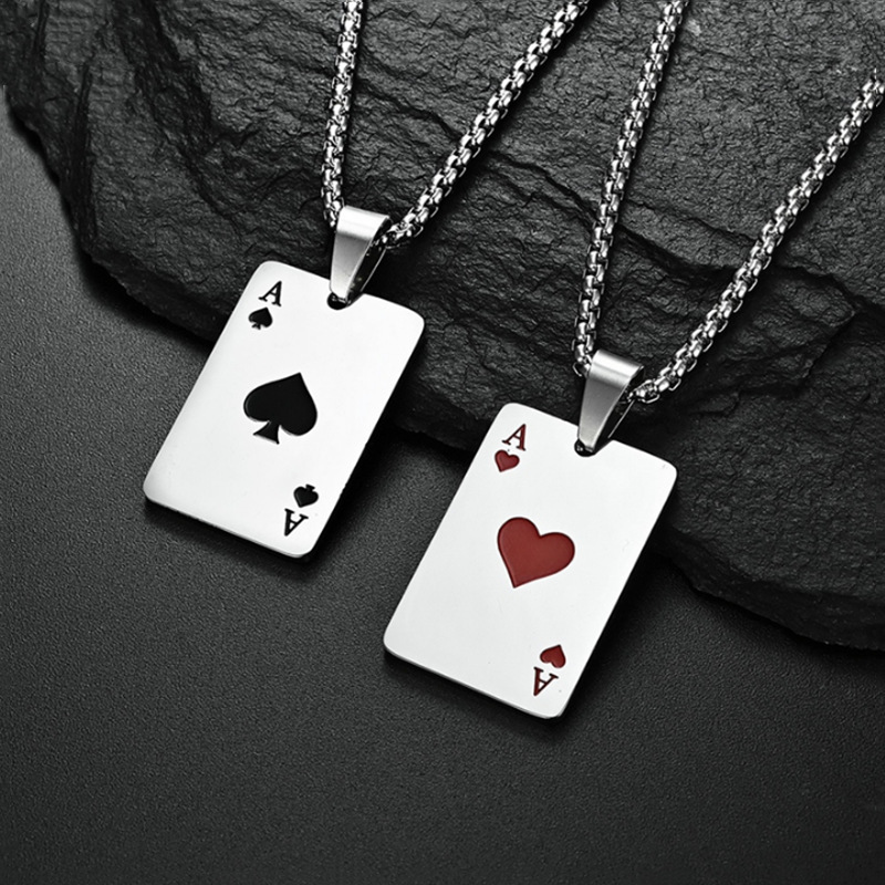 Wholesale New lucky Spade necklace pendant hip hop personality red peach playing card A trendy cool disco pendant titanium steel