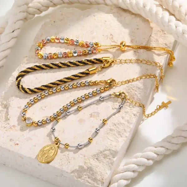 Wholesale Water Plating Vacuum Electroplating (In Furnace) Plated 18K Real Gold Heart Shape 201 Stainless Steel 304 Stainless Steel Women's Zircon Mixed Color Lobster Clasp Bracelet Jewelry