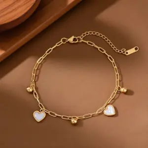 J05028-Round Pearl White Shell Heart Anklet - Gold