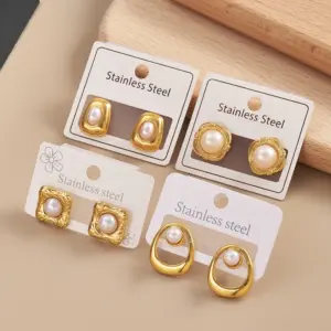 Wholesale 304 Stainless Steel Geometric Square Electroplating Imitation Pearl Golden Plated IG Style Casual Polishing Hollow Out Inlay Ear Studs