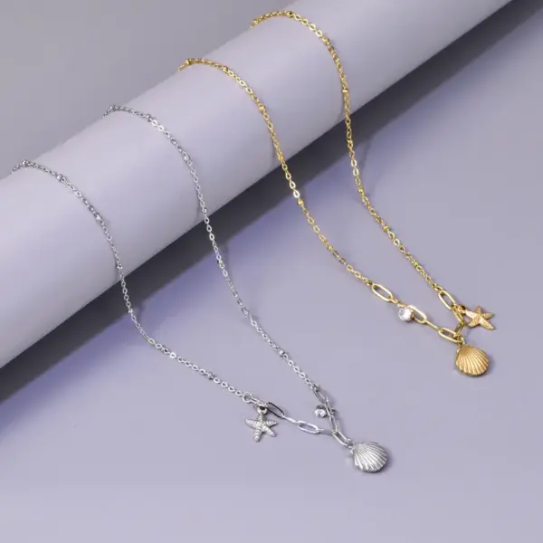 304 Stainless Steel Starfish Shell PVD Coated Zircon 18K Real Gold Plated Marine Style Simple Style Waterproof Non Tarnish Inlay Cable Chain Gold Multi Charms Necklace