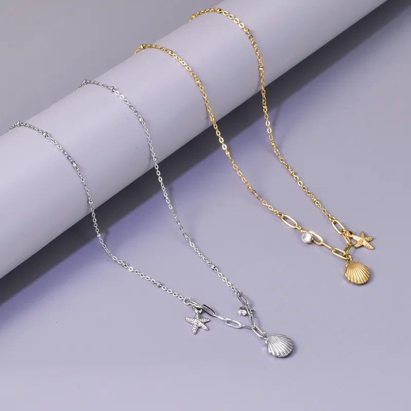 Wholesale 304 Stainless Steel Starfish Shell PVD Coated Zircon 18K Real Gold Plated Marine Style Simple Style Waterproof Non Tarnish Inlay Cable Chain
