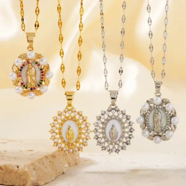 Wholesale Vacuum Plating K Gold Plated Round Virgin Mary 304 Stainless Steel Copper Vintage Style Religion Artistic 304 Stainless Steel Pendant Necklace