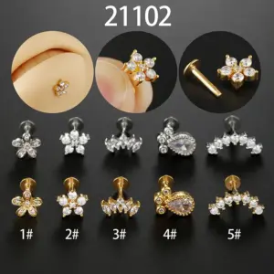 Wholesale Hip-hop Geometric Flower Stainless Steel Inlay Zircon Lip Stud 1 Piece