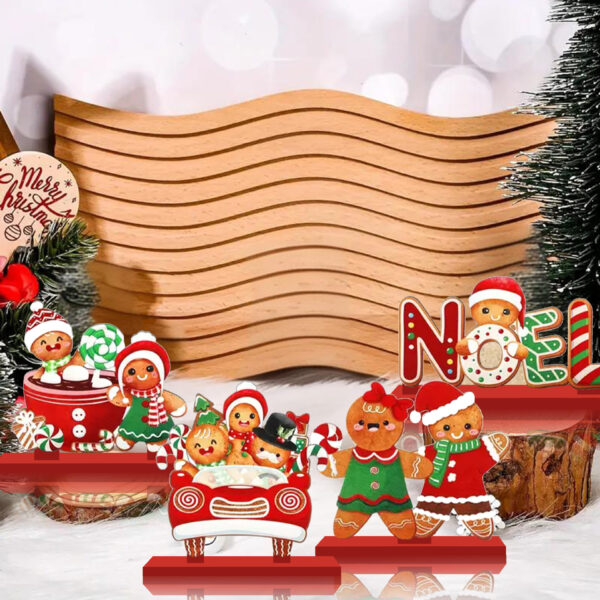 Wholesale 4-piece Christmas Tree/Gingerbread Man Wooden Ornament with Base - Wooden Tabletop Ornament