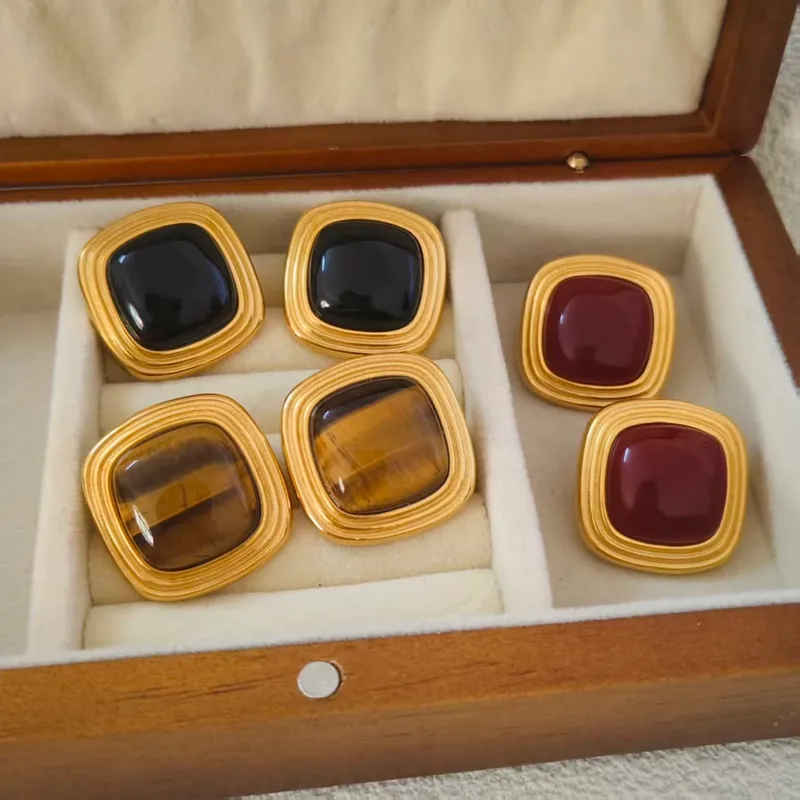 Wholesale 1 Pair Elegant Nordic Style Retro Square (Aessory) Waterproof Non-Fading 304 Stainless Steel Resin Tiger Eye Vacuum Electroplating (Fired) 1