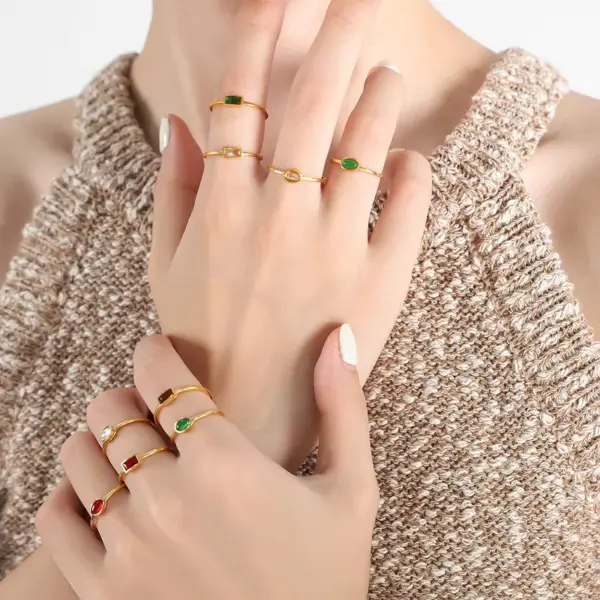 Wholesale 304 Stainless Steel Square Oval PVD Coated Glass Stone Zircon 18K Real Gold Plated Real Gold Plated Simple Style Waterproof Non Tarnish Plating Inlay Gold Rings