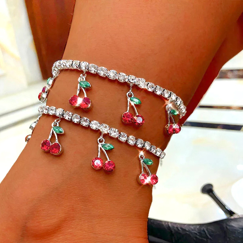 Wholesale Cross-border New Rhinestone Cherry Anklet Women Beach Casual Ft Pendant Anklet ins Hot Sale Tennis Chain Anklet