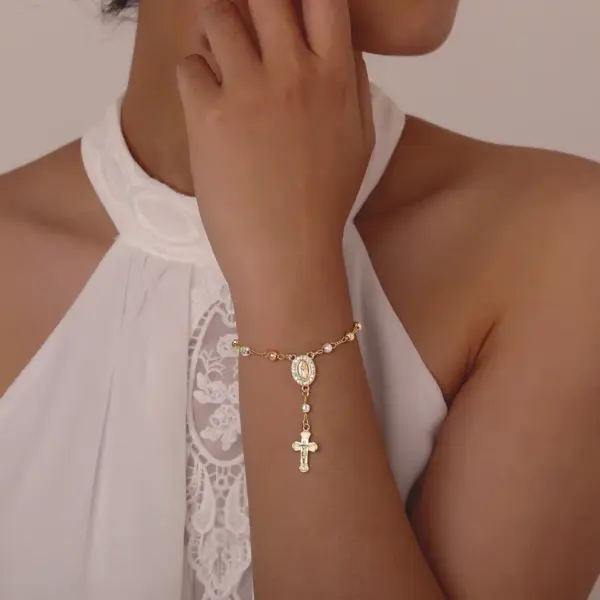 Wholesale Jewelry Vintage Style Religion Cross Virgin Mary Copper Zircon 18K Gold Plated Inlay Bracelets