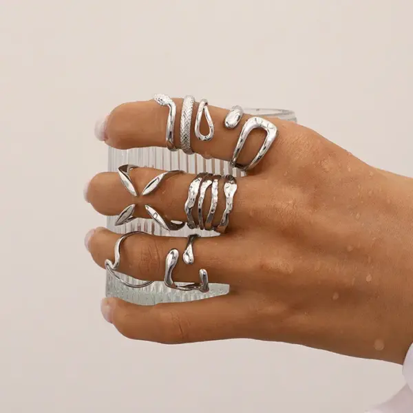 Wholesale 304 Stainless Steel Geometric Exaggerated Artistic Waterproof Non Tarnish Layered Silver Open Rings