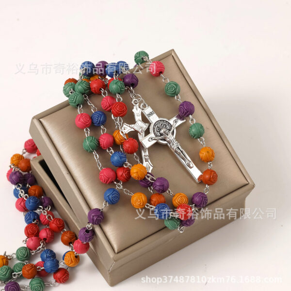 oly-c9d021642402d32844d7ea0fb89e32ef Wholesale 8mm mixed color rose bead cross rosary necklace