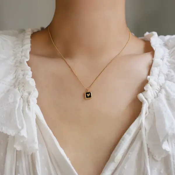 Wholesale 304 Stainless Steel Square Heart Shape PVD Coated Enamel 18K Real Gold Plated IG Style Waterproof Non Tarnish Enamel Ball Chain Lobster Trigger Clasp Closure Pendant Necklace