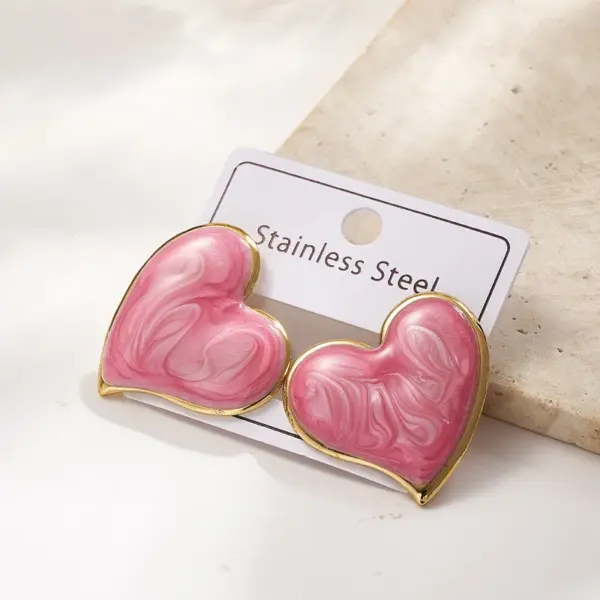 Color Retention Electroplating Drip Oil Heart Shaped Earrings Women's Fashion Jewelry Stainless Steel Polished Surface