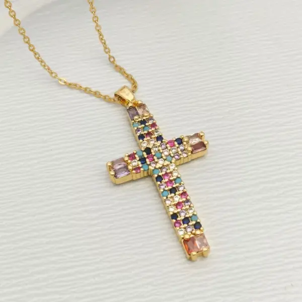 Wholesale Jewelry Commute Cross 201 Stainless Steel Glass Zircon Gold Plated Silver Plated Inlay Stainless Steel Necklaces