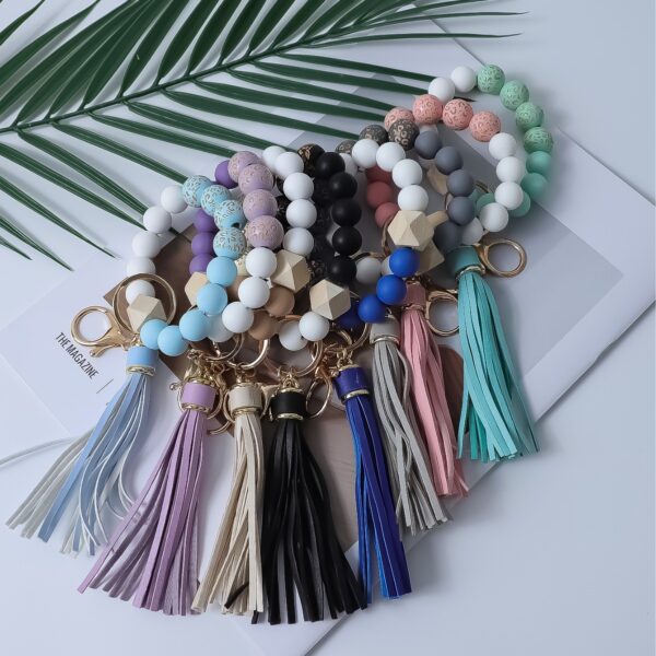 Wholesale Printed wooden bead bracelet with tassel wrist keychain