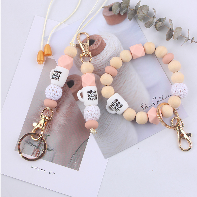 Wholesale SHIEN New Wooden Beads Wrist Keychain Pendant Necklace DIY Beaded Bracelet Keychain Ring Aessories