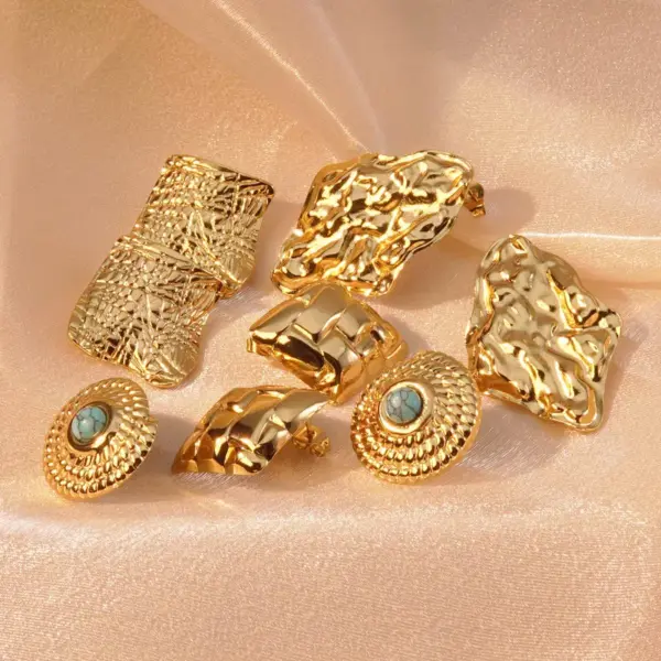 Wholesale 304 Stainless Steel Plastic Geometric Quadrilateral Round Electroplating December Birthstone Turquoise Imitation Gold Hip-Hop Novelty Tropical Inlay Multicolor-Golden Yellow Ear Studs