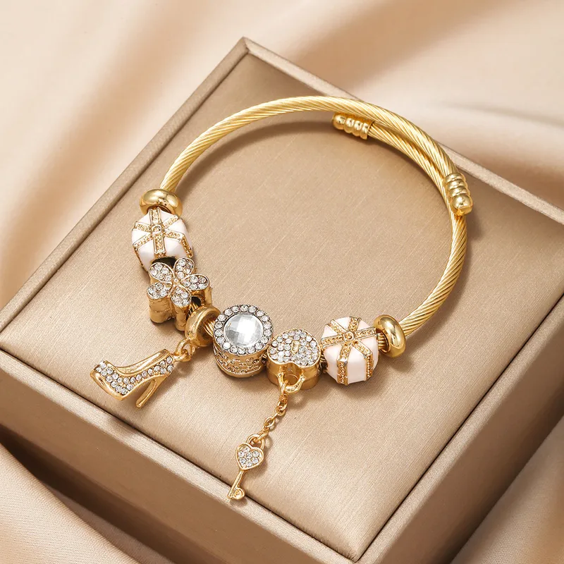 Wholesale Fashion High Heel Stainless Steel Enamel Gold Plated Rhinestones Bangle 1 Piece
