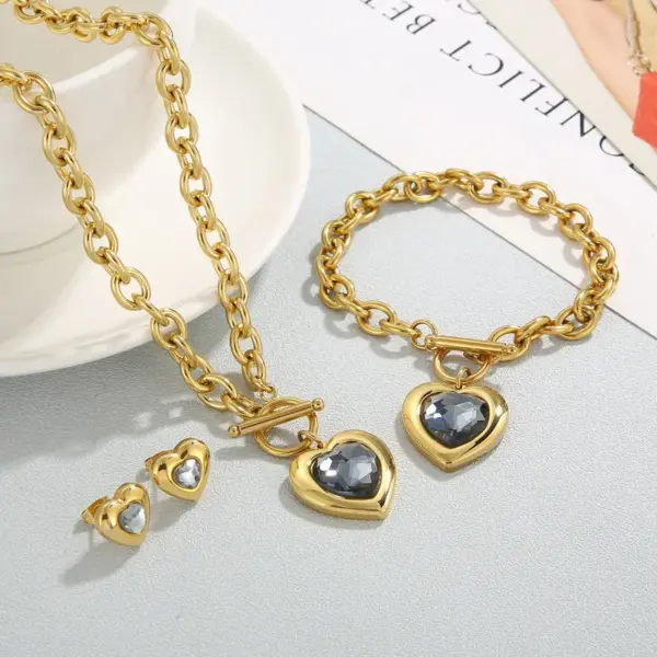 Wholesale Fashion Heart Shape Stainless Steel Plating Inlay Glass Bracelets Earrings Necklace
