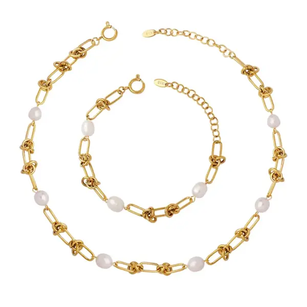 Wholesale Women'S 304 Stainless Steel PVD Coated 18K Gold Plated Beaded Geometric Bracelets Necklace Imitation Pearl Jewelry