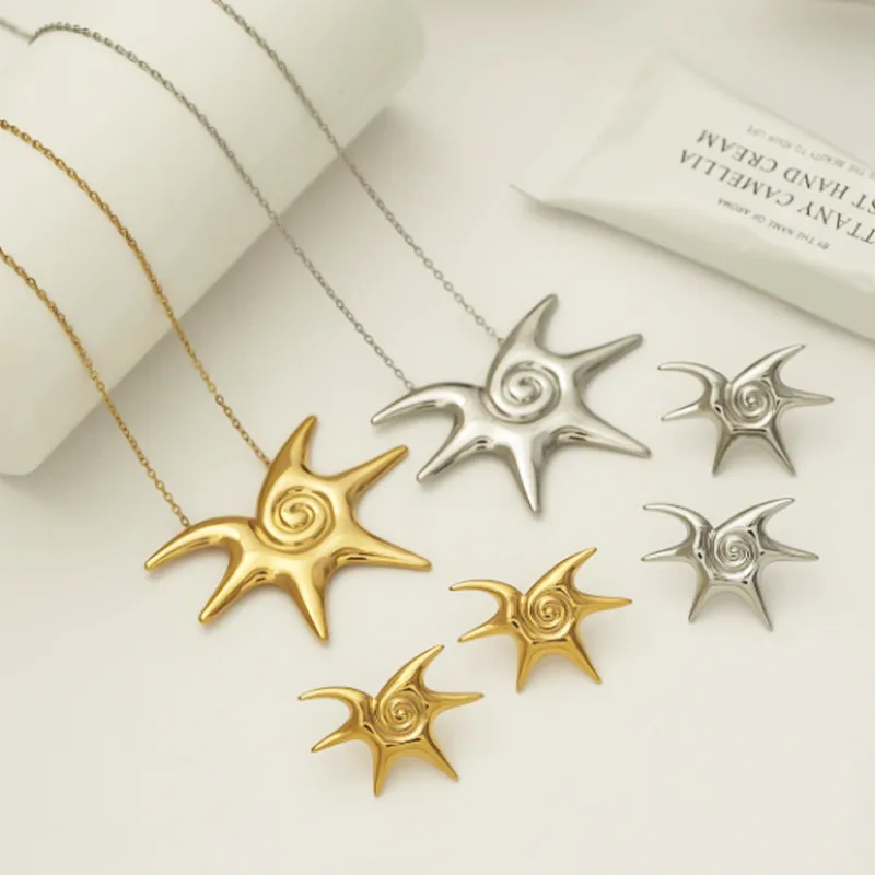 Wholesale Spiral Suower Starfish Pendant Necklace Earrings Stainless Steel PVD Plated 14K Gold Ins European Geometric Pattern Jewelry For Women