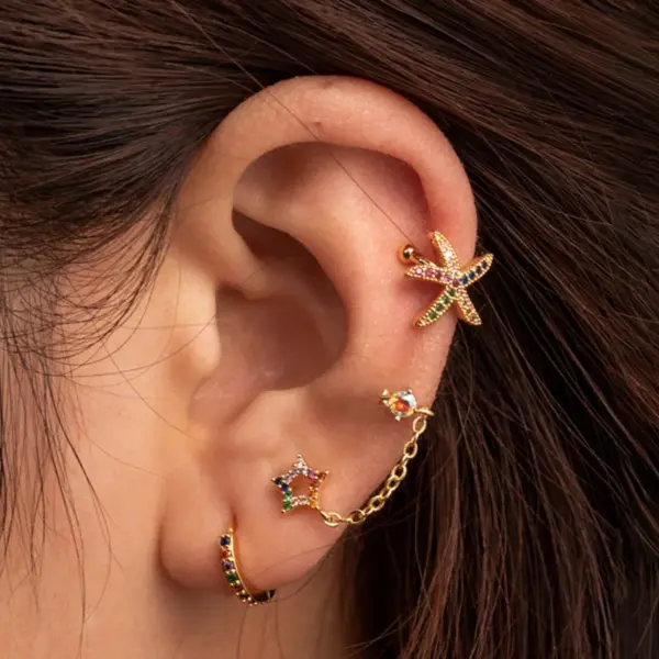 Wholesale 1 Piece French Style Simple Style Korean Style Pentagram Starfish Chain Inlay Copper Zircon Ear Cuffs Ear Studs