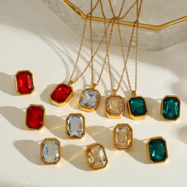 18K Gold Plated Stainless Steel Rectangle Pendant Necklace And Earrings With Embedded Zirconia For Women Casual Artistic Design