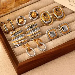 Wholesale 201 Stainless Steel Geometric Electroplated 18K Real Gold Plated Retro Classic Style Waterproof Non Tarnish Plating Drop Earrings Ear Studs