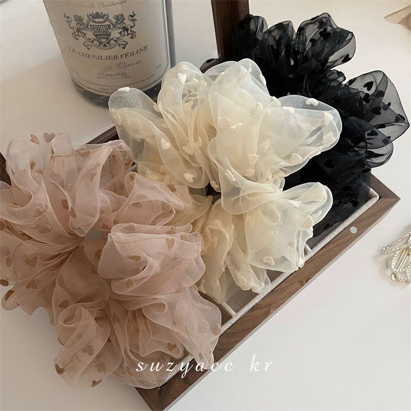 Wholesale Mesh Heart Flocked Scrunchie Hair Tie for Bun Hairstyles
