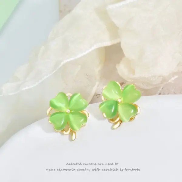 Wholesale Jewelry Fashion Four Leaf Clover Heart Shape Titanium Steel Rhinestones Cat's Eye Stone Plating Inlay Rings Earrings Necklace