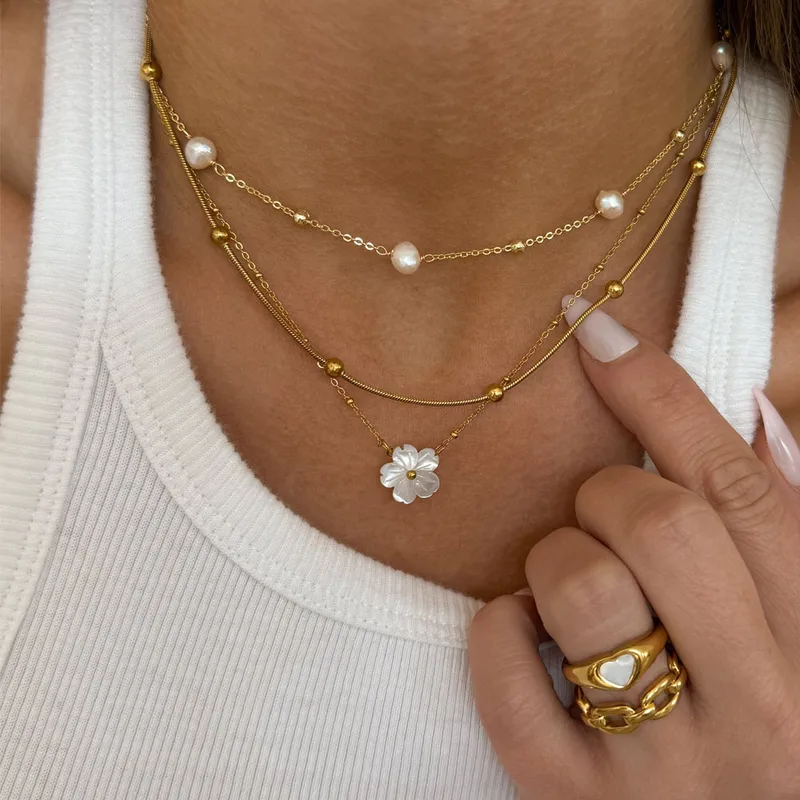 Wholesale 18K Real Gold Plated 304 Stainless Steel Freshwater Pearl Ion Plating (IP) Geometric Plating Casual Lady Simple Style Necklace For Women's