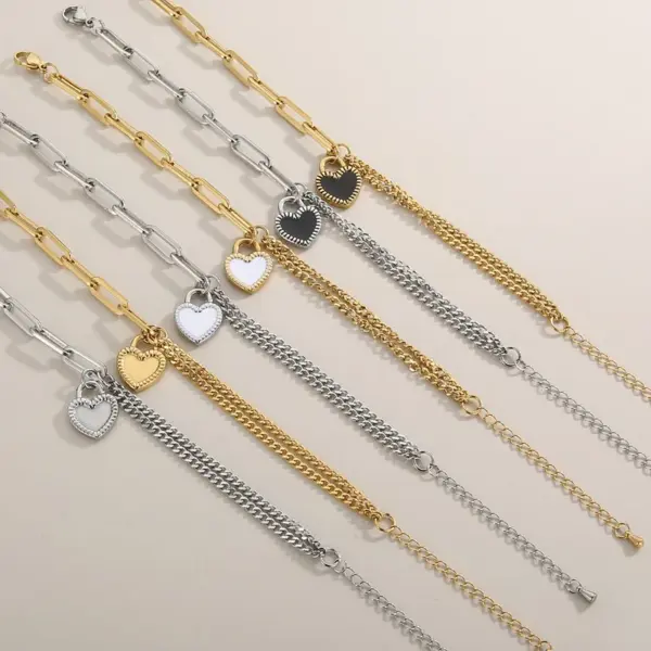 Wholesale 304 Stainless Steel Heart Shape PVD Coated 18K Real Gold Plated Elegant Waterproof Non Tarnish Plating Woven Chain Lobster Trigger Clasp Closure Bracelets