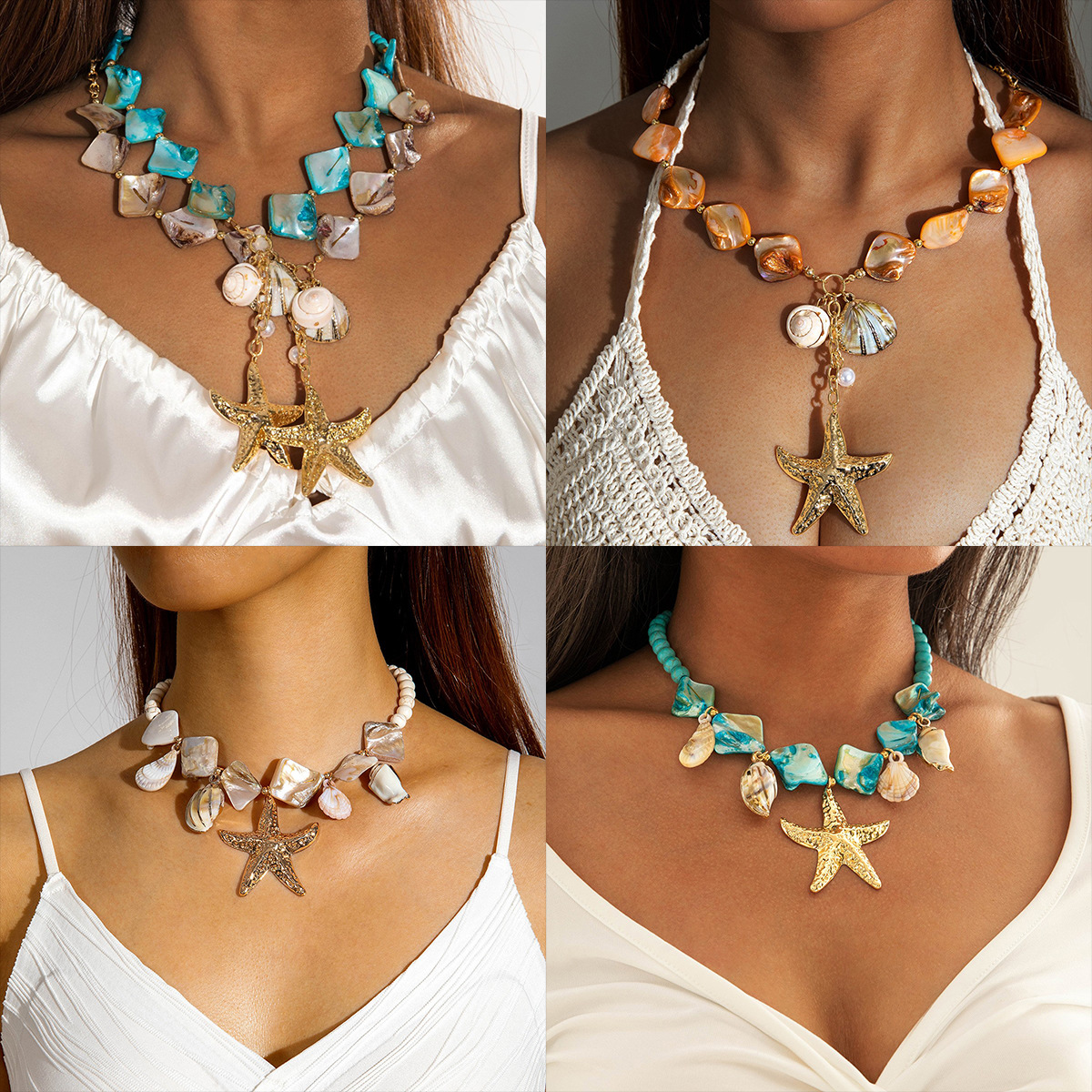 Wholesale European and American Cross-Border Bohemian Geometric Exaerated Turquoise Necklace, Vacation Style Personalized Starfish Shell Collarbone Ch