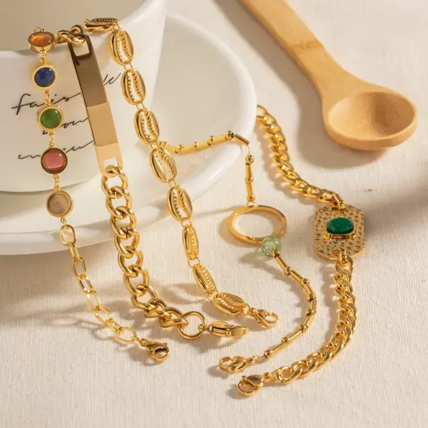 Wholesale INS Style Hip-Hop Oval Shell Stainless Steel Artificial Gemstones Bracelets In Bulk