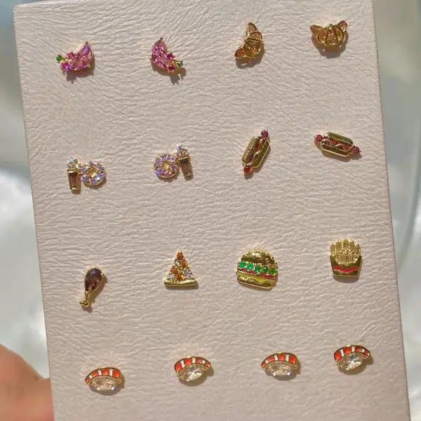 Wholesale Fashion Geometric Coke Hamburger Brass Inlaid Zircon Ear Studs 1 Pair