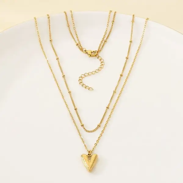 Wholesale Fashionable Minimalist Double Layer Stainless Steel Bead Chain Heart Pendant Splicing Chain Necklace Jewelry Set For Women