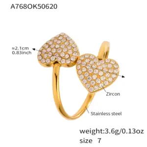 A768-Gold Double Loving Heart Zircon Ring / 7