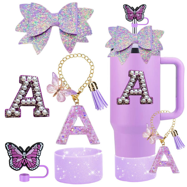 Wholesale Stanley Cup Accessories Dovetail Bow Decoration Color Sequins Resin Pendant Flower Straw Cap Letter Cup Sticker