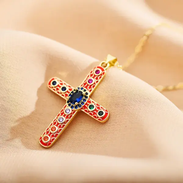 Copper Cross Electroplating Zircon Copper Plated Roman Style Enamel Plating Inlay Cable Chain Lobster Trigger Clasp Closure Pendant Necklace
