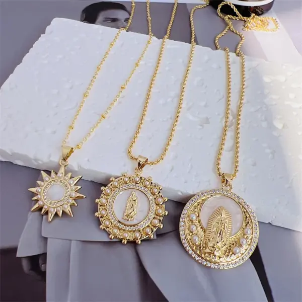 Copper 18K Gold Plated Enamel Inlay Round Virgin Mary Artificial Pearls Zircon Pendant Necklace