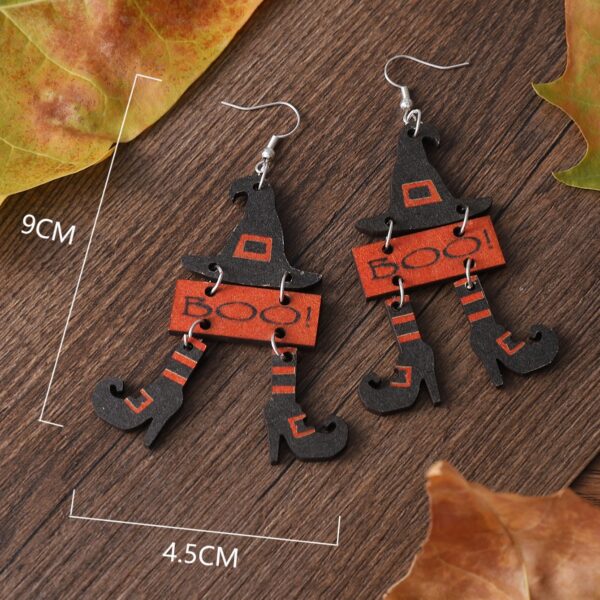 Wholesale Cross-border New Halloween Gothic Wind Witch Hat Boots BOO Triple Stitching Pendant Wooden Double-sided Earrings