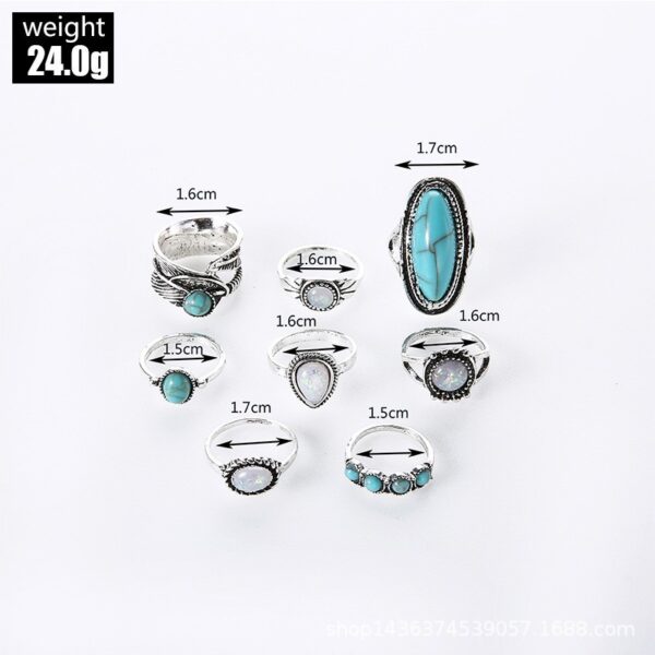 Wholesale Europe and the United States hot cross-border retro inlaid turquoise carved feather ring 8 suit ring jewelry factory direct sales