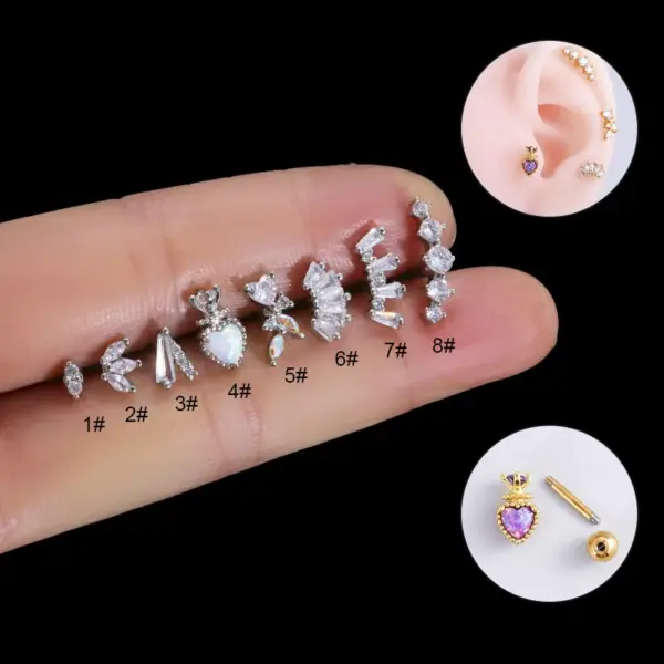 1 Piece 316L Stainless Steel Copper Zircon Ear Cartilage Rings & Studs Heart Shape Waterproof Non Tarnish Surgical Steel