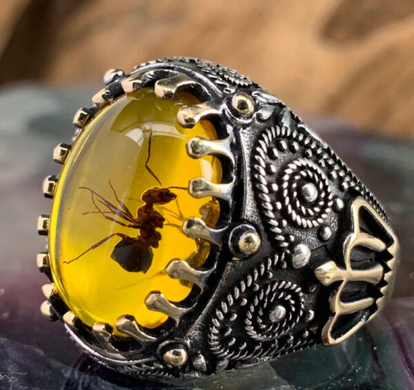 Wholesale Yansheng cross-border new supply european and american personality retro two-color men's ring foreign trade yellow amber ant ring