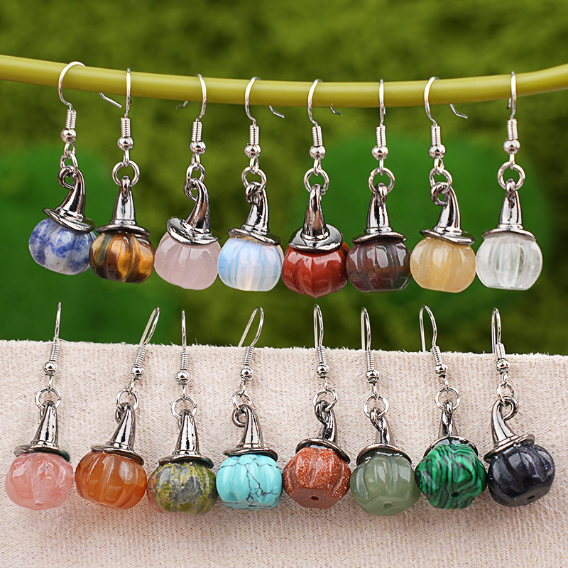 Wholesale Vintage Agate Pumpkin Crystal Pumpkin-Shaped Witch Hat Earrings