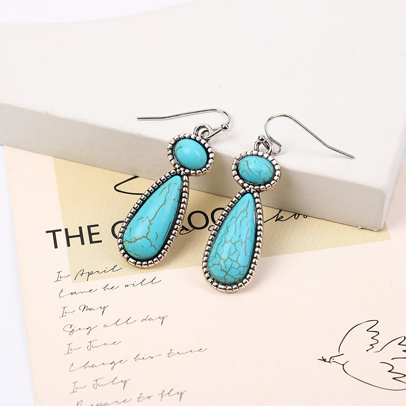 Wholesale European and American creative turquoise earrings exaerated new ancient sier turquoise earrings factory direct sply