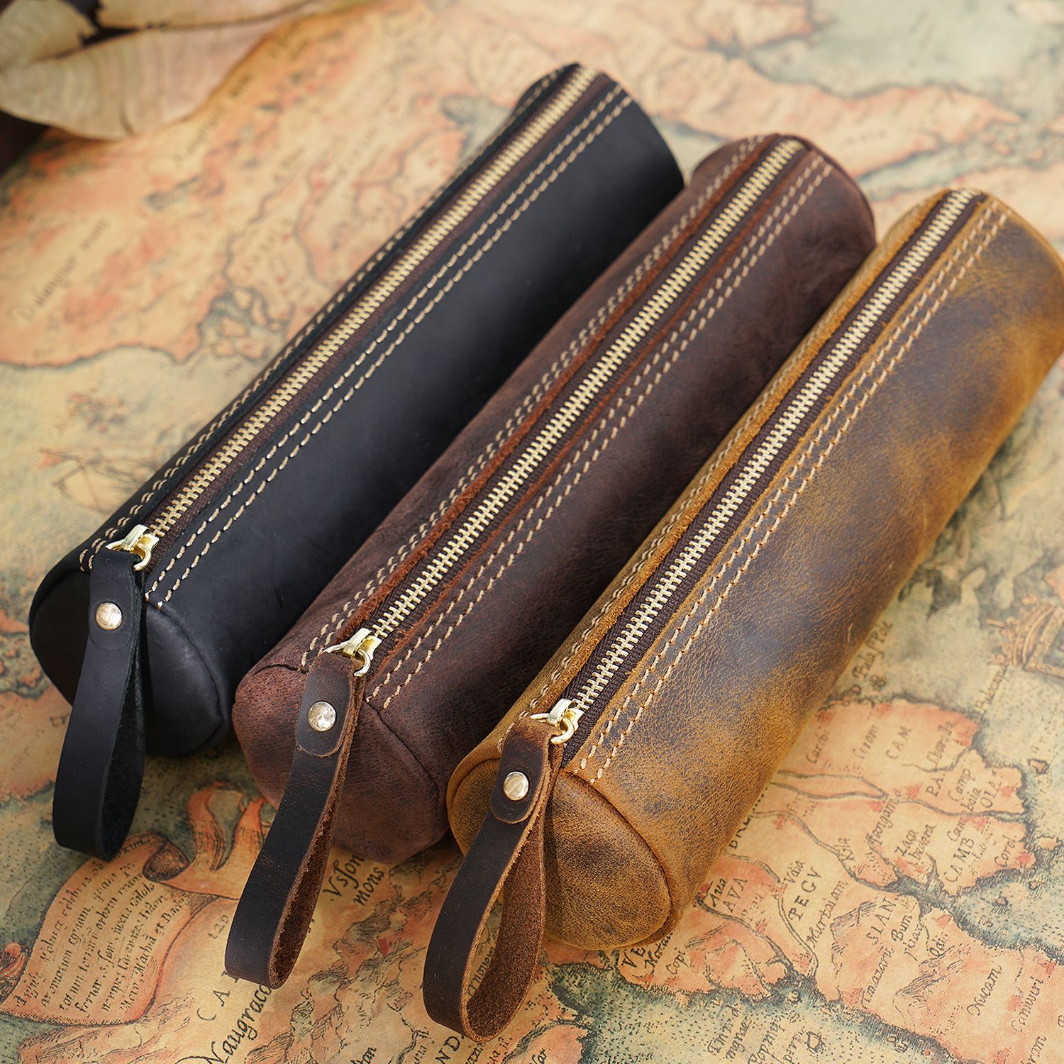 Wholesale Vintage first layer crazy horse leather storage pencil case