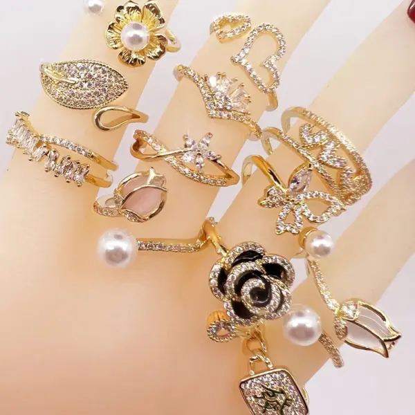 Wholesale Jewelry Lady Heart Shape Crown Flower Copper Zircon Inlay Open Rings